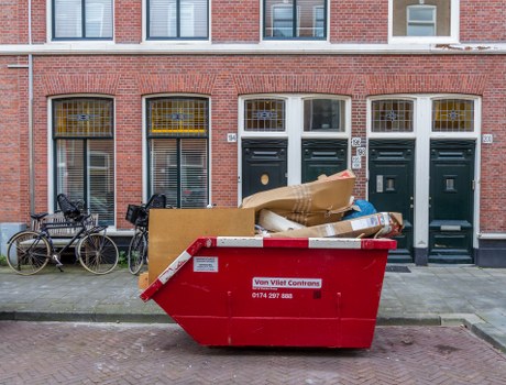 Clapham streets with a skip placed for waste management